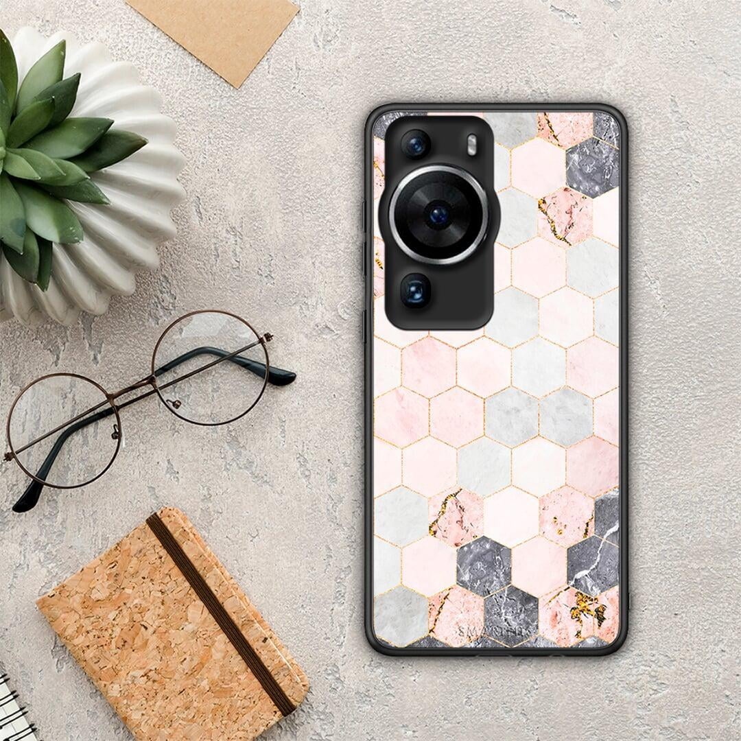 Θήκη Huawei P60 Pro Marble Hexagon Pink από τη Smartfits με σχέδιο στο πίσω μέρος και μαύρο περίβλημα | Huawei P60 Pro Marble Hexagon Pink Case with Colorful Back and Black Bezels