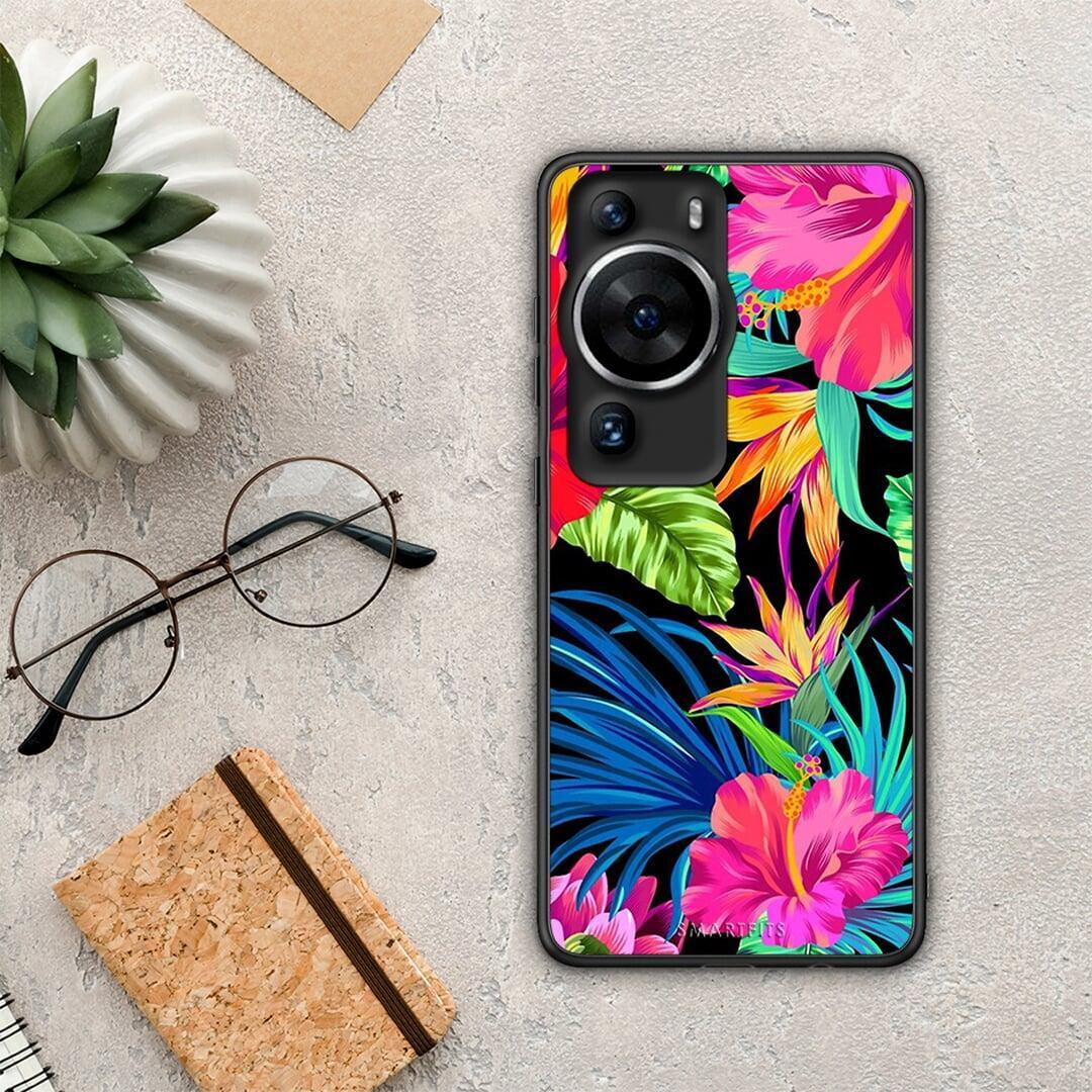 Θήκη Huawei P60 Pro Tropical Flowers από τη Smartfits με σχέδιο στο πίσω μέρος και μαύρο περίβλημα | Huawei P60 Pro Tropical Flowers Case with Colorful Back and Black Bezels