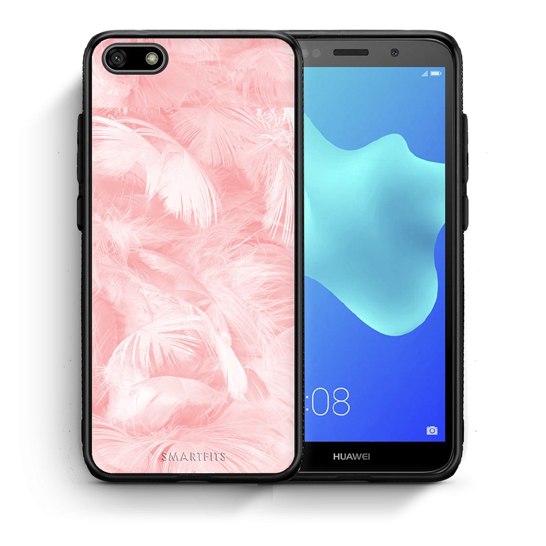 Θήκη Huawei Y5 2018/Honor 7S Pink Feather Boho από τη Smartfits με σχέδιο στο πίσω μέρος και μαύρο περίβλημα | Huawei Y5 2018/Honor 7S Pink Feather Boho case with colorful back and black bezels