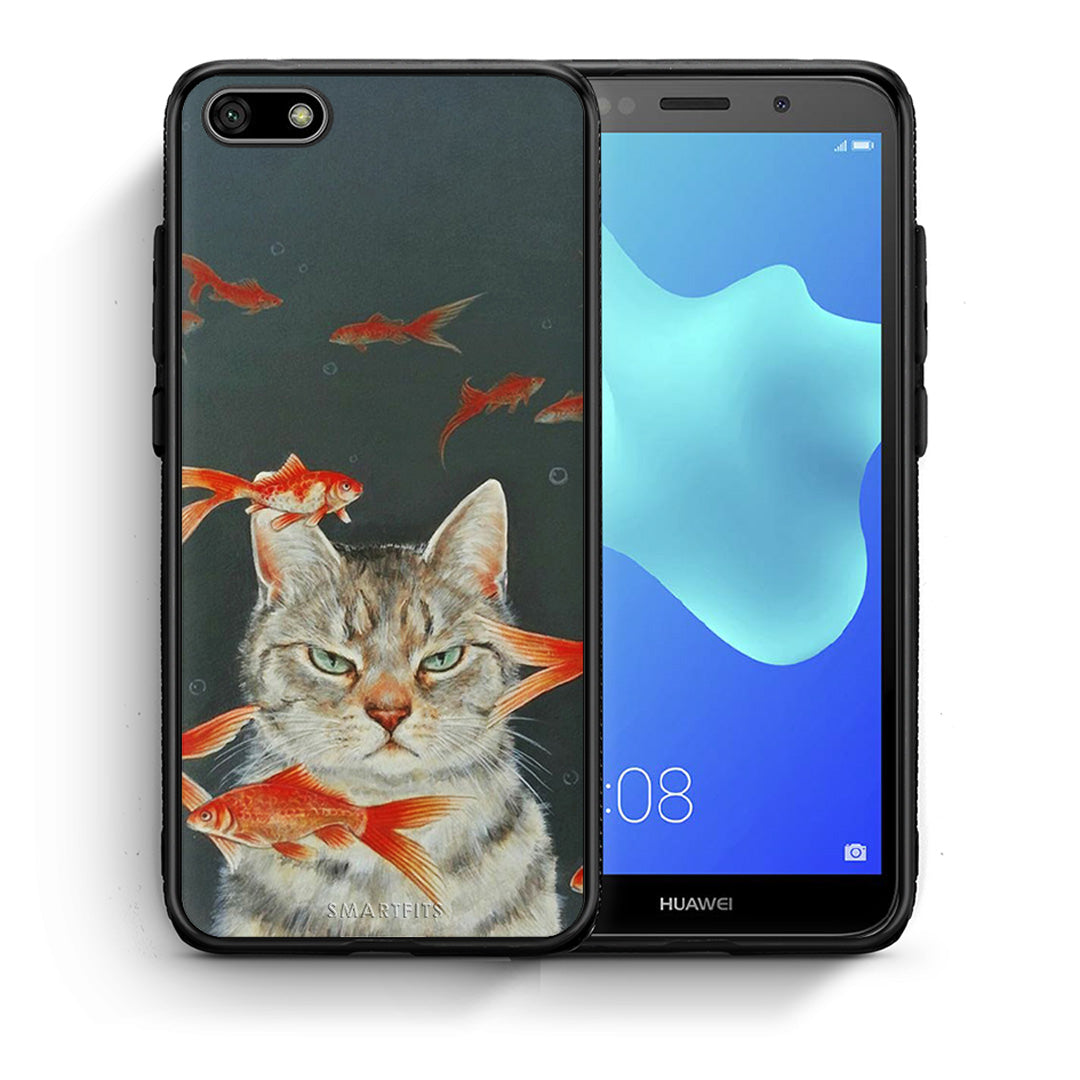 Θήκη Huawei Y5 2018/Honor 7S Cat Goldfish από τη Smartfits με σχέδιο στο πίσω μέρος και μαύρο περίβλημα | Huawei Y5 2018/Honor 7S Cat Goldfish case with colorful back and black bezels