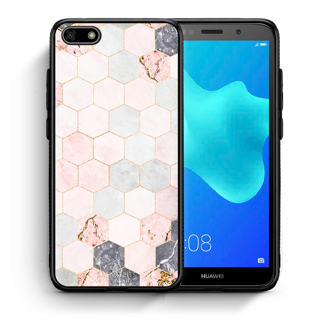 Θήκη Huawei Y5 2018/Honor 7S Hexagon Pink Marble από τη Smartfits με σχέδιο στο πίσω μέρος και μαύρο περίβλημα | Huawei Y5 2018/Honor 7S Hexagon Pink Marble case with colorful back and black bezels