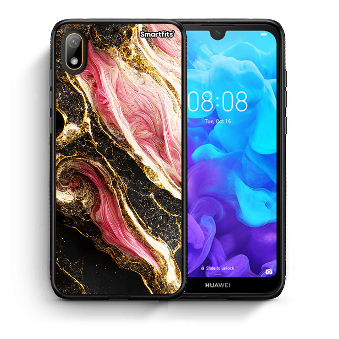 Θήκη Huawei Y5 2019 Glamorous Pink Marble από τη Smartfits με σχέδιο στο πίσω μέρος και μαύρο περίβλημα | Huawei Y5 2019 Glamorous Pink Marble case with colorful back and black bezels