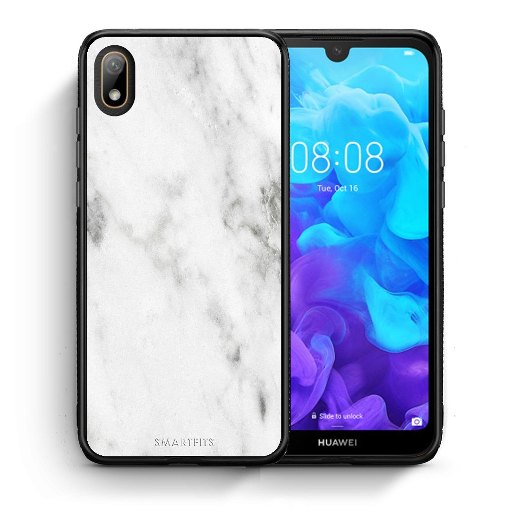 Θήκη Huawei Y5 2019 White Marble από τη Smartfits με σχέδιο στο πίσω μέρος και μαύρο περίβλημα | Huawei Y5 2019 White Marble case with colorful back and black bezels