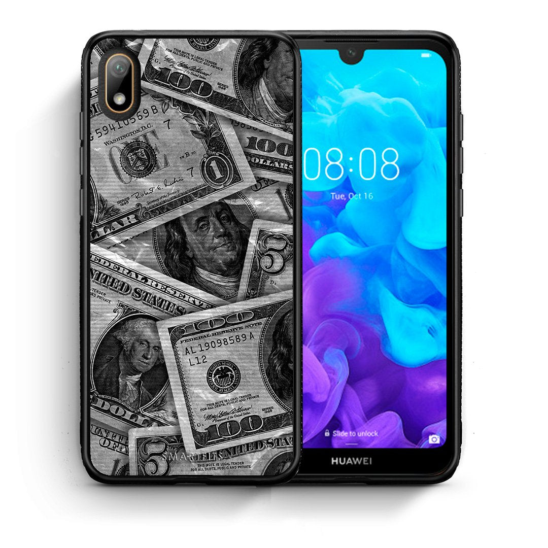 Θήκη Huawei Y5 2019 Money Dollars από τη Smartfits με σχέδιο στο πίσω μέρος και μαύρο περίβλημα | Huawei Y5 2019 Money Dollars case with colorful back and black bezels