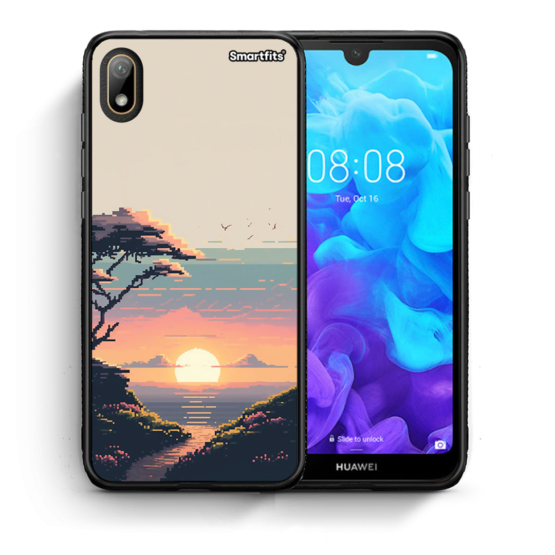Θήκη Huawei Y5 2019 Pixel Sunset από τη Smartfits με σχέδιο στο πίσω μέρος και μαύρο περίβλημα | Huawei Y5 2019 Pixel Sunset case with colorful back and black bezels
