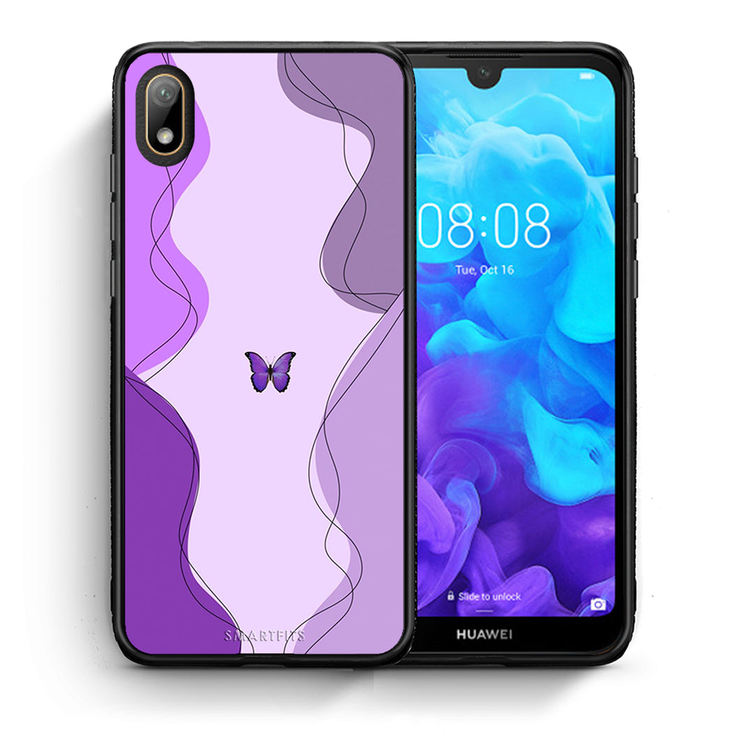 Θήκη Αγίου Βαλεντίνου Huawei Y5 2019 Purple Mariposa από τη Smartfits με σχέδιο στο πίσω μέρος και μαύρο περίβλημα | Huawei Y5 2019 Purple Mariposa case with colorful back and black bezels