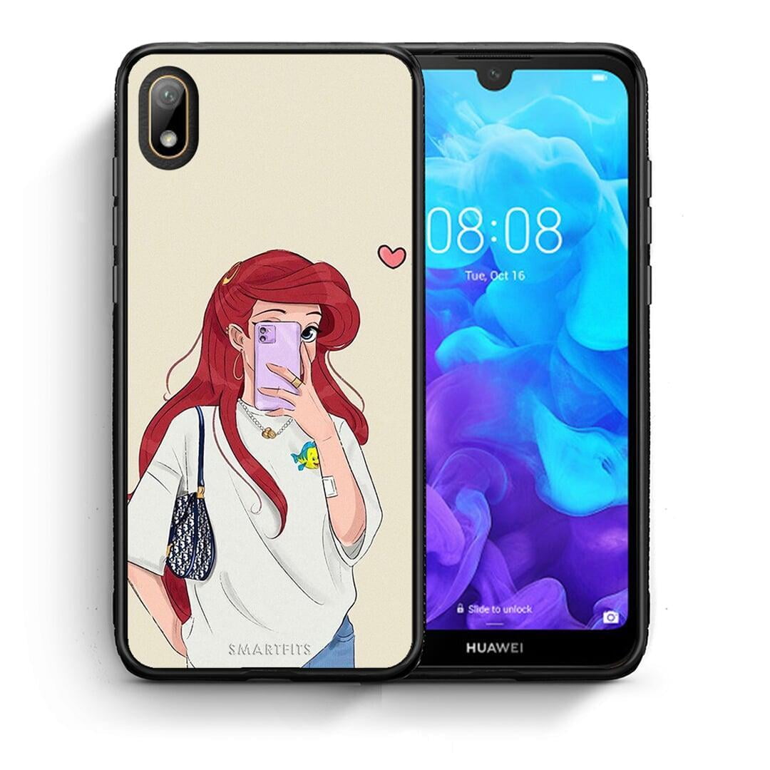 Θήκη Huawei Y5 2019 Walking Mermaid από τη Smartfits με σχέδιο στο πίσω μέρος και μαύρο περίβλημα | Huawei Y5 2019 Walking Mermaid case with colorful back and black bezels