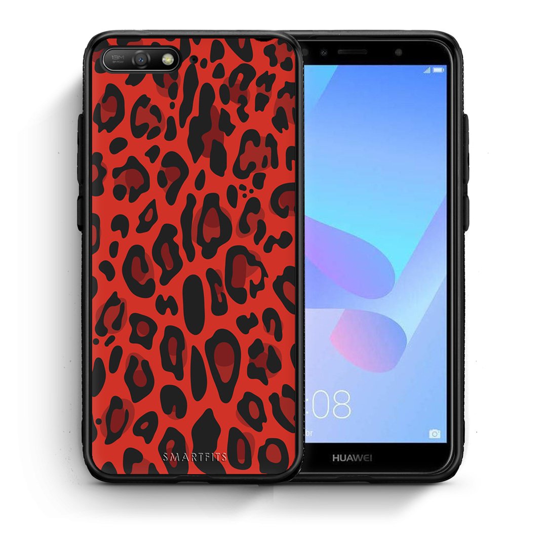 Θήκη Huawei Y6 2018 Red Leopard Animal από τη Smartfits με σχέδιο στο πίσω μέρος και μαύρο περίβλημα | Huawei Y6 2018 Red Leopard Animal case with colorful back and black bezels