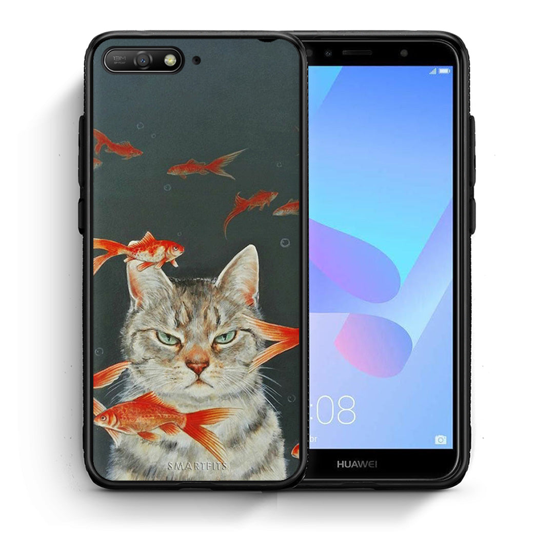 Θήκη Huawei Y6 2018 Cat Goldfish από τη Smartfits με σχέδιο στο πίσω μέρος και μαύρο περίβλημα | Huawei Y6 2018 Cat Goldfish case with colorful back and black bezels