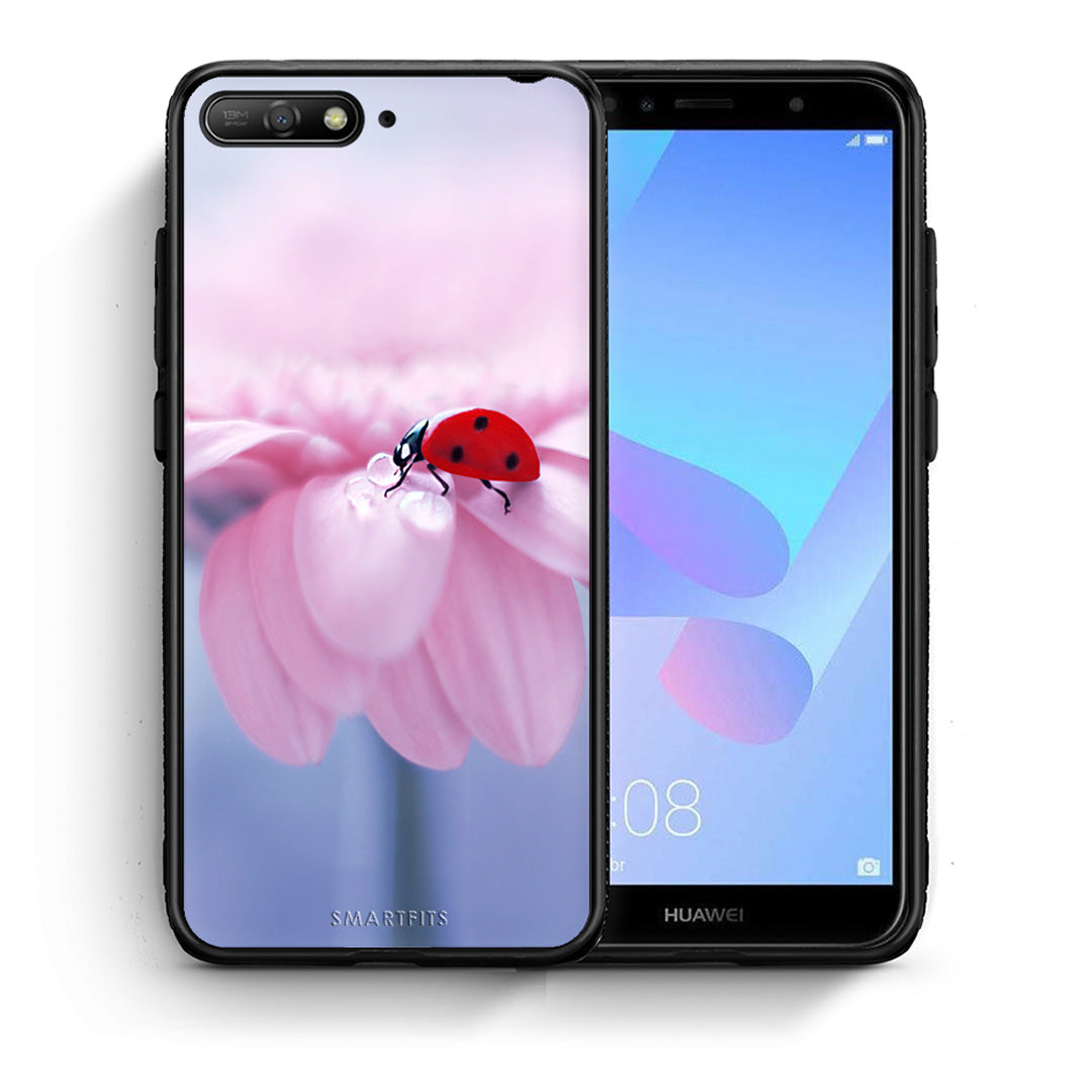 Θήκη Huawei Y6 2018 Ladybug Flower από τη Smartfits με σχέδιο στο πίσω μέρος και μαύρο περίβλημα | Huawei Y6 2018 Ladybug Flower case with colorful back and black bezels