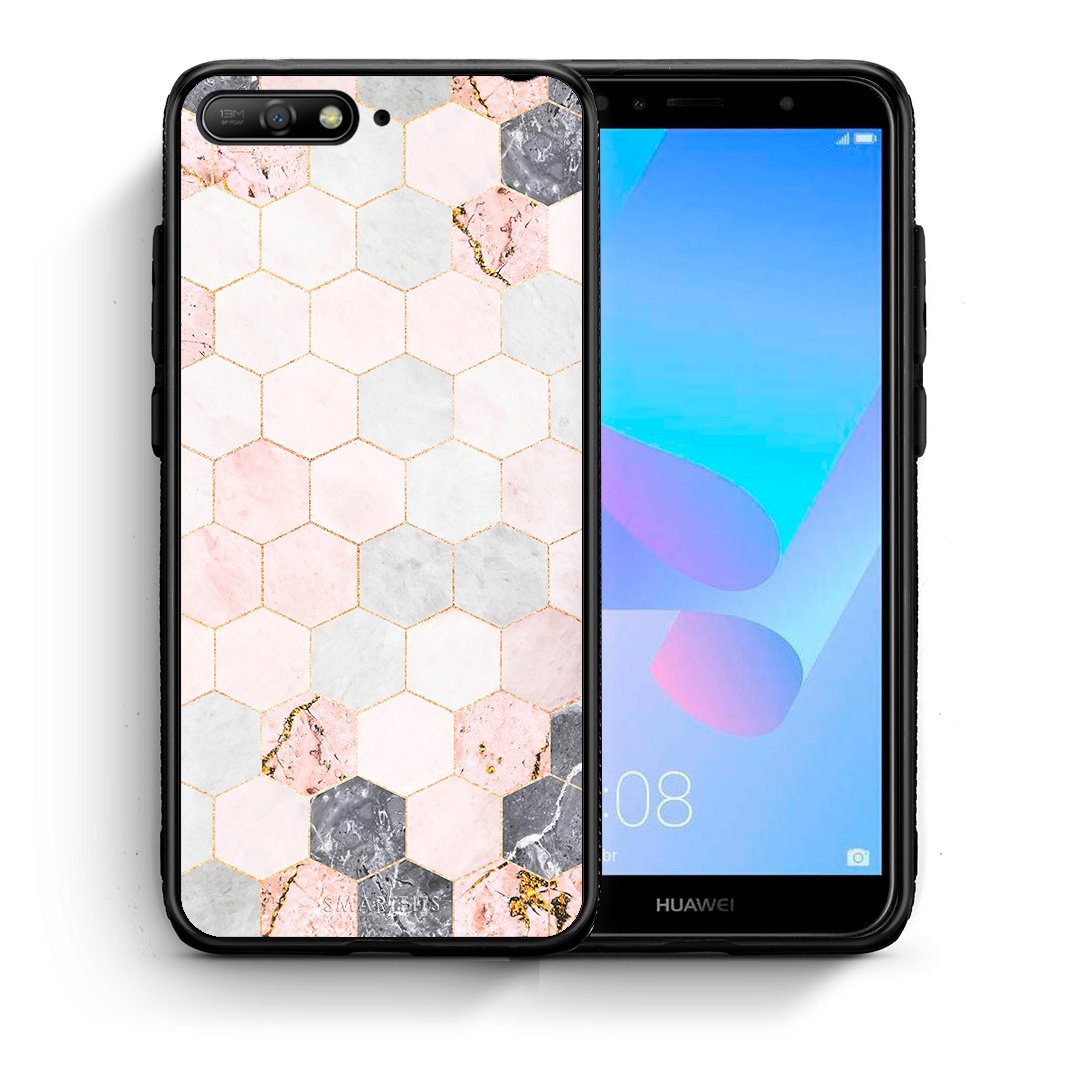 Θήκη Huawei Y6 2018 Hexagon Pink Marble από τη Smartfits με σχέδιο στο πίσω μέρος και μαύρο περίβλημα | Huawei Y6 2018 Hexagon Pink Marble case with colorful back and black bezels