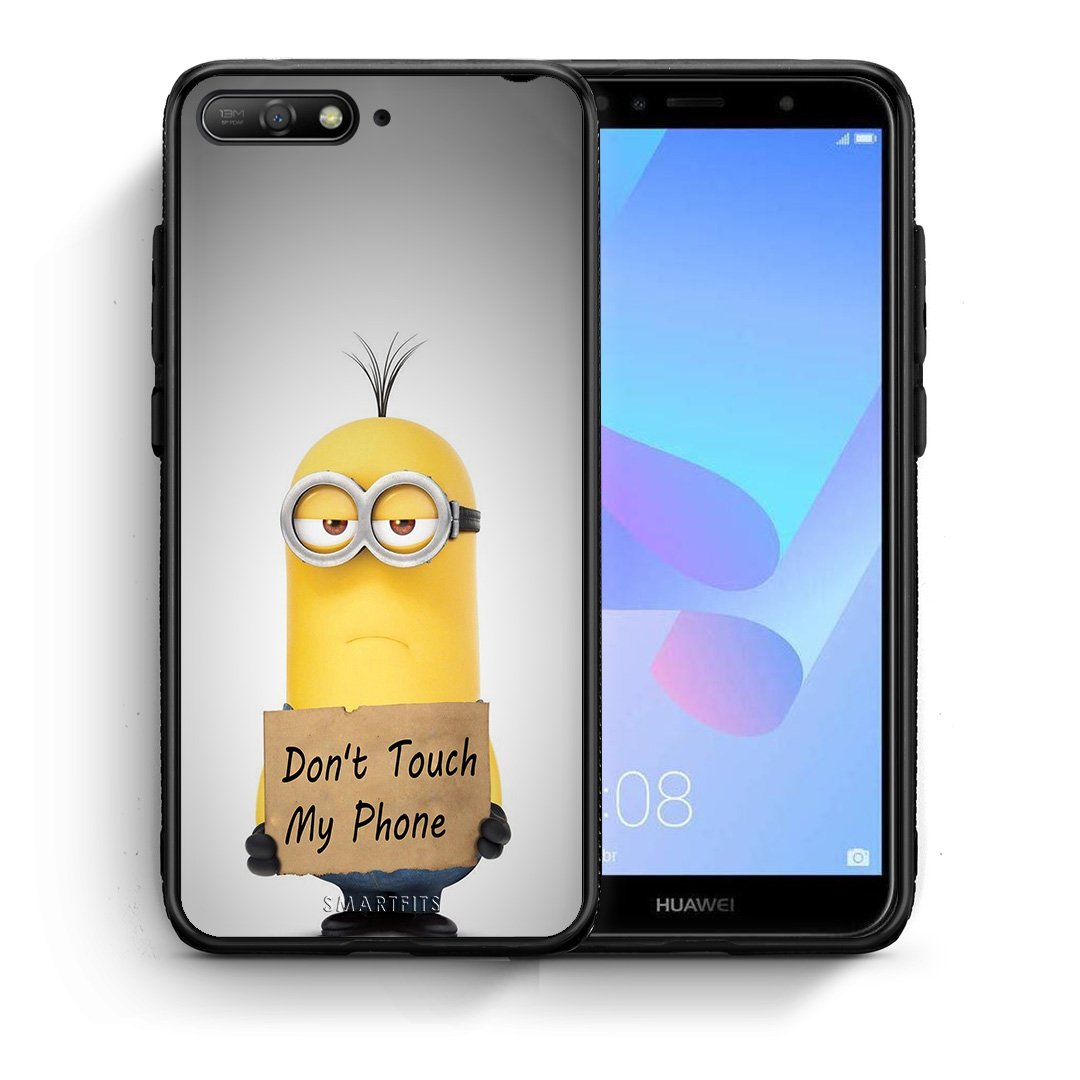 Θήκη Huawei Y6 2018 Minion Text από τη Smartfits με σχέδιο στο πίσω μέρος και μαύρο περίβλημα | Huawei Y6 2018 Minion Text case with colorful back and black bezels