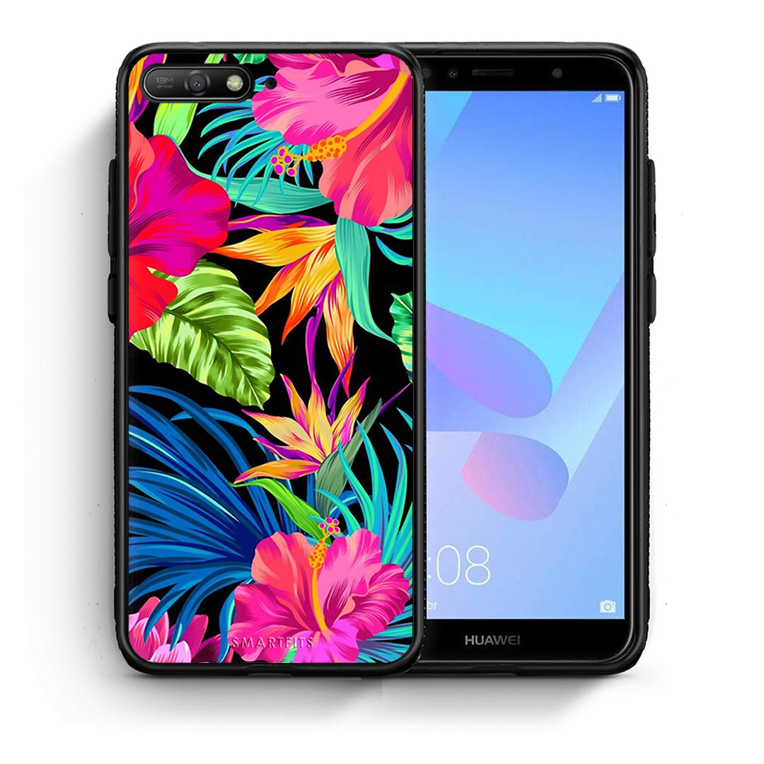 Θήκη Huawei Y6 2018 Tropical Flowers από τη Smartfits με σχέδιο στο πίσω μέρος και μαύρο περίβλημα | Huawei Y6 2018 Tropical Flowers case with colorful back and black bezels