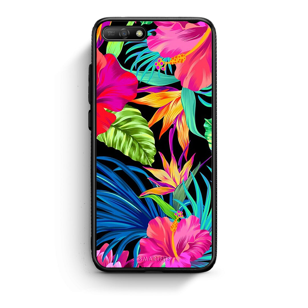 Huawei Y6 2018 Tropical Flowers θήκη από τη Smartfits με σχέδιο στο πίσω μέρος και μαύρο περίβλημα | Smartphone case with colorful back and black bezels by Smartfits