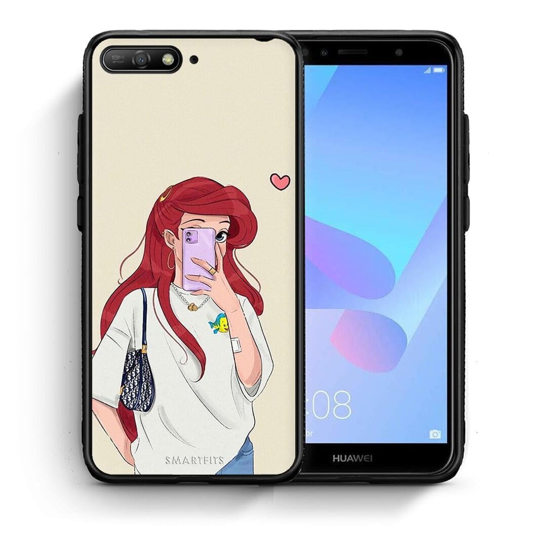 Θήκη Huawei Y6 2018 Walking Mermaid από τη Smartfits με σχέδιο στο πίσω μέρος και μαύρο περίβλημα | Huawei Y6 2018 Walking Mermaid case with colorful back and black bezels