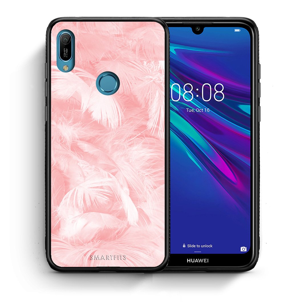 Θήκη Huawei Y6 2019 Pink Feather Boho από τη Smartfits με σχέδιο στο πίσω μέρος και μαύρο περίβλημα | Huawei Y6 2019 Pink Feather Boho case with colorful back and black bezels