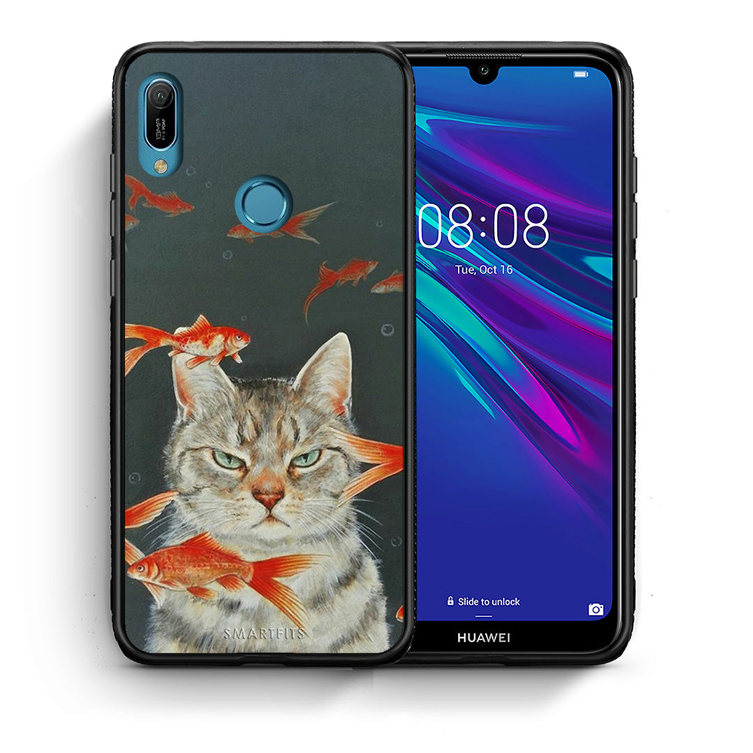 Θήκη Huawei Y6 2019 Cat Goldfish από τη Smartfits με σχέδιο στο πίσω μέρος και μαύρο περίβλημα | Huawei Y6 2019 Cat Goldfish case with colorful back and black bezels