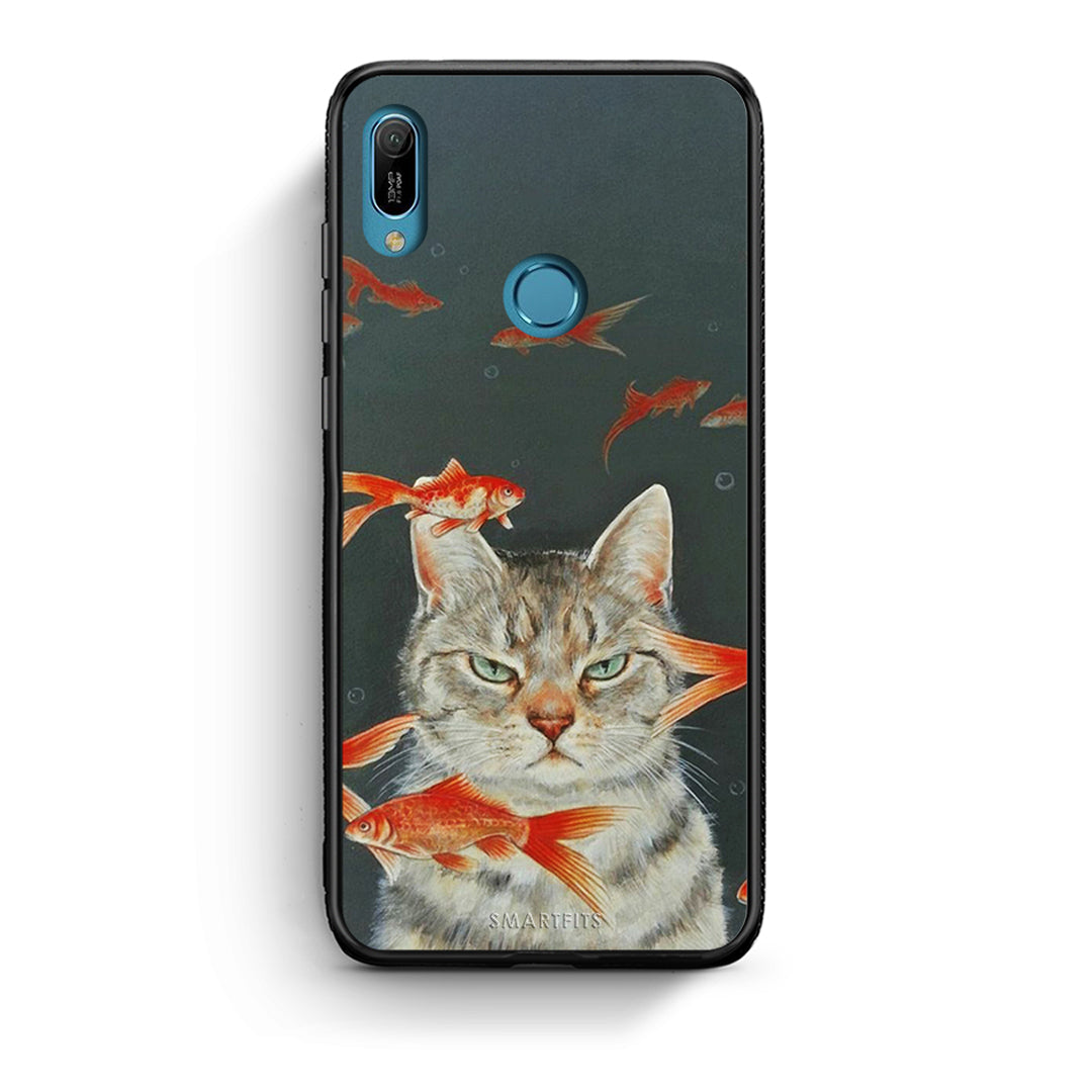 Huawei Y6 2019 Cat Goldfish θήκη από τη Smartfits με σχέδιο στο πίσω μέρος και μαύρο περίβλημα | Smartphone case with colorful back and black bezels by Smartfits