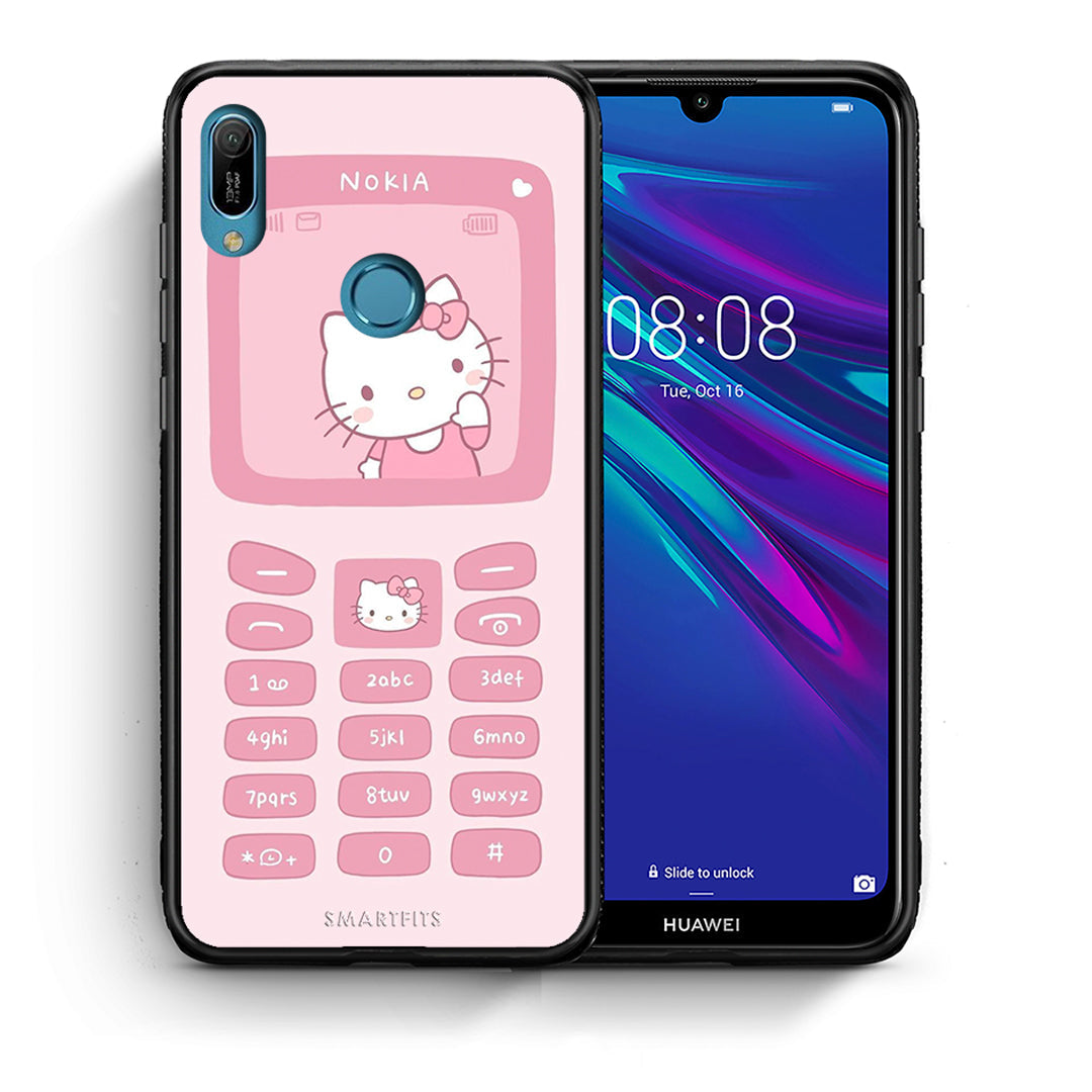 Θήκη Αγίου Βαλεντίνου Huawei Y6 2019 Hello Kitten από τη Smartfits με σχέδιο στο πίσω μέρος και μαύρο περίβλημα | Huawei Y6 2019 Hello Kitten case with colorful back and black bezels