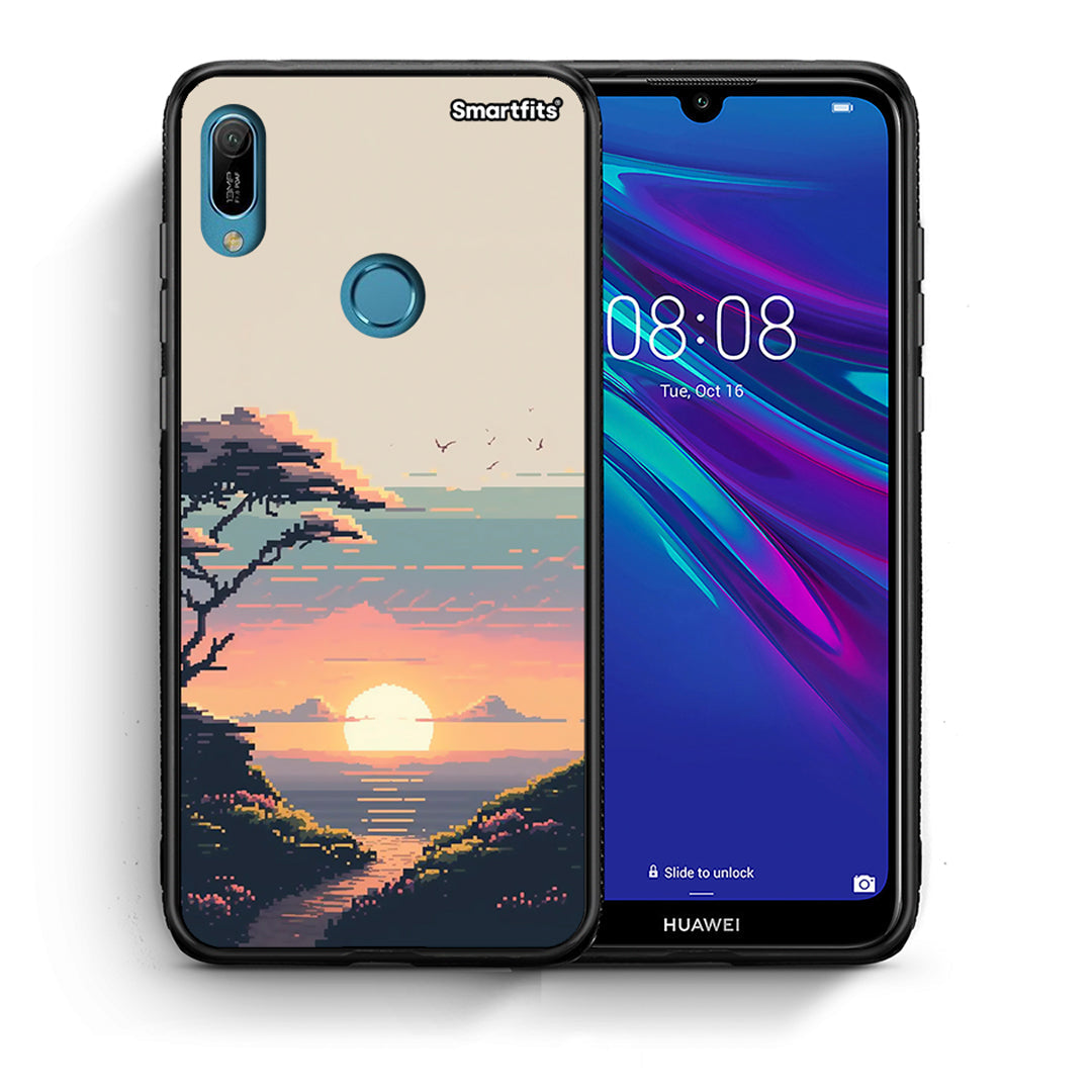 Θήκη Huawei Y6 2019 Pixel Sunset από τη Smartfits με σχέδιο στο πίσω μέρος και μαύρο περίβλημα | Huawei Y6 2019 Pixel Sunset case with colorful back and black bezels