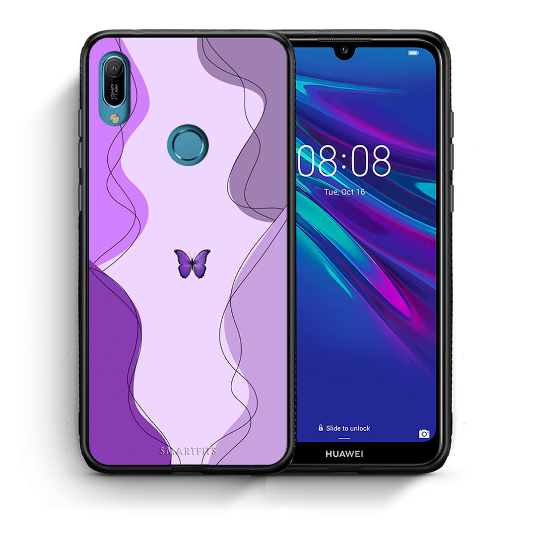 Θήκη Αγίου Βαλεντίνου Huawei Y6 2019 Purple Mariposa από τη Smartfits με σχέδιο στο πίσω μέρος και μαύρο περίβλημα | Huawei Y6 2019 Purple Mariposa case with colorful back and black bezels