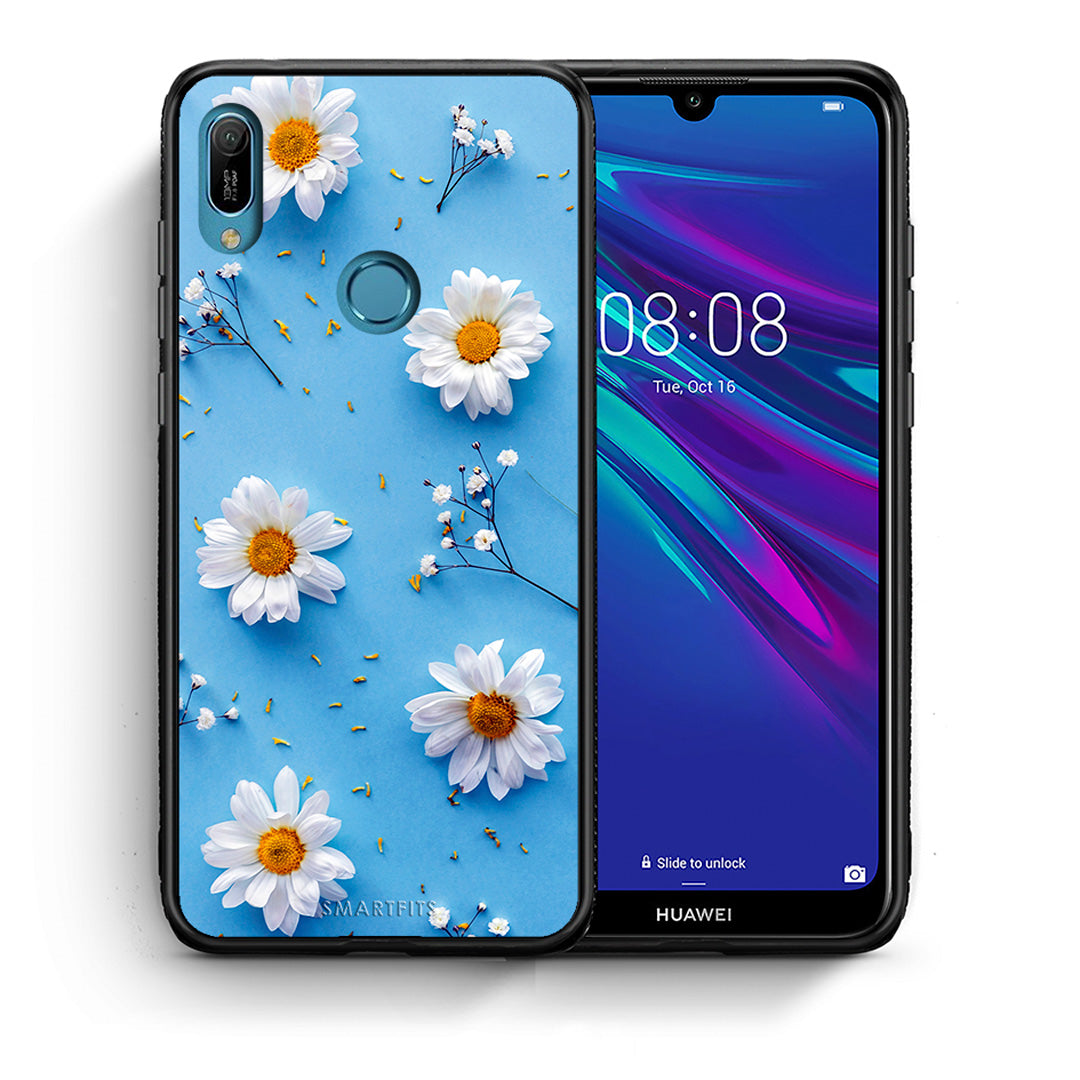 Θήκη Huawei Y6 2019 Real Daisies από τη Smartfits με σχέδιο στο πίσω μέρος και μαύρο περίβλημα | Huawei Y6 2019 Real Daisies case with colorful back and black bezels