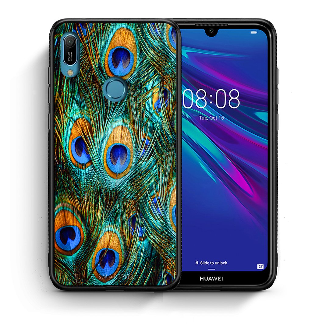 Θήκη Huawei Y6 2019 Real Peacock Feathers από τη Smartfits με σχέδιο στο πίσω μέρος και μαύρο περίβλημα | Huawei Y6 2019 Real Peacock Feathers case with colorful back and black bezels