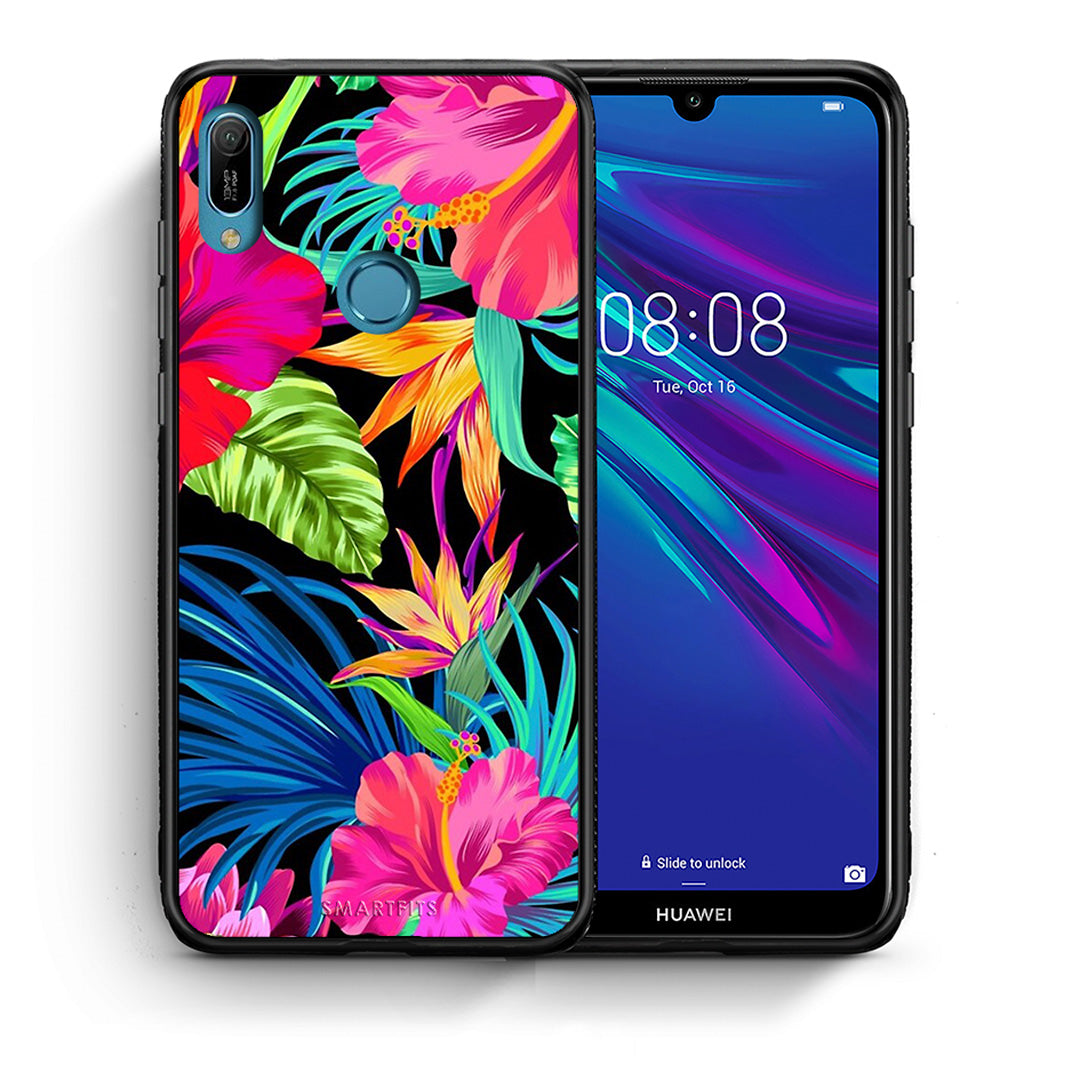 Θήκη Huawei Y6 2019 Tropical Flowers από τη Smartfits με σχέδιο στο πίσω μέρος και μαύρο περίβλημα | Huawei Y6 2019 Tropical Flowers case with colorful back and black bezels