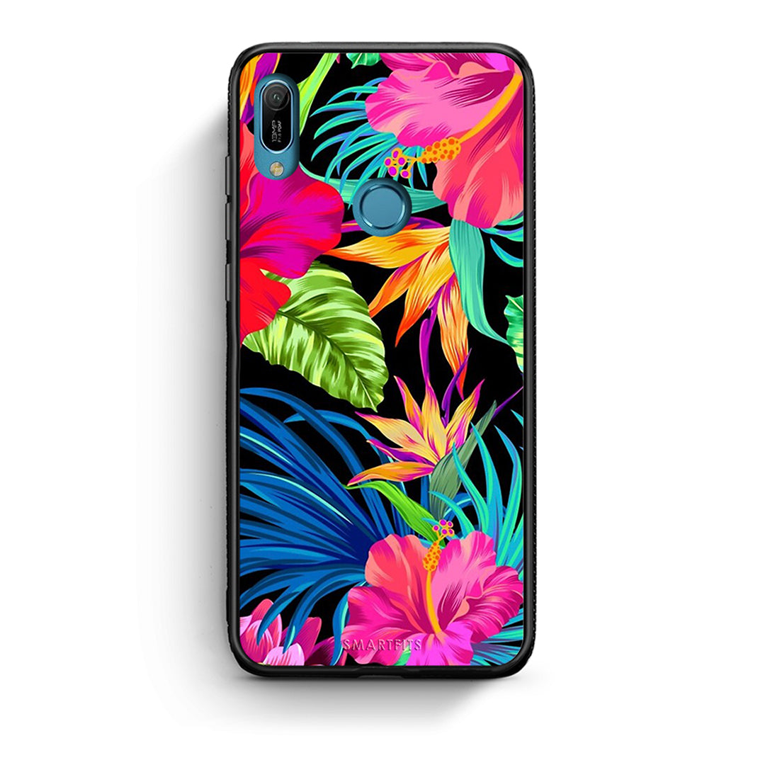 Huawei Y6 2019 Tropical Flowers θήκη από τη Smartfits με σχέδιο στο πίσω μέρος και μαύρο περίβλημα | Smartphone case with colorful back and black bezels by Smartfits