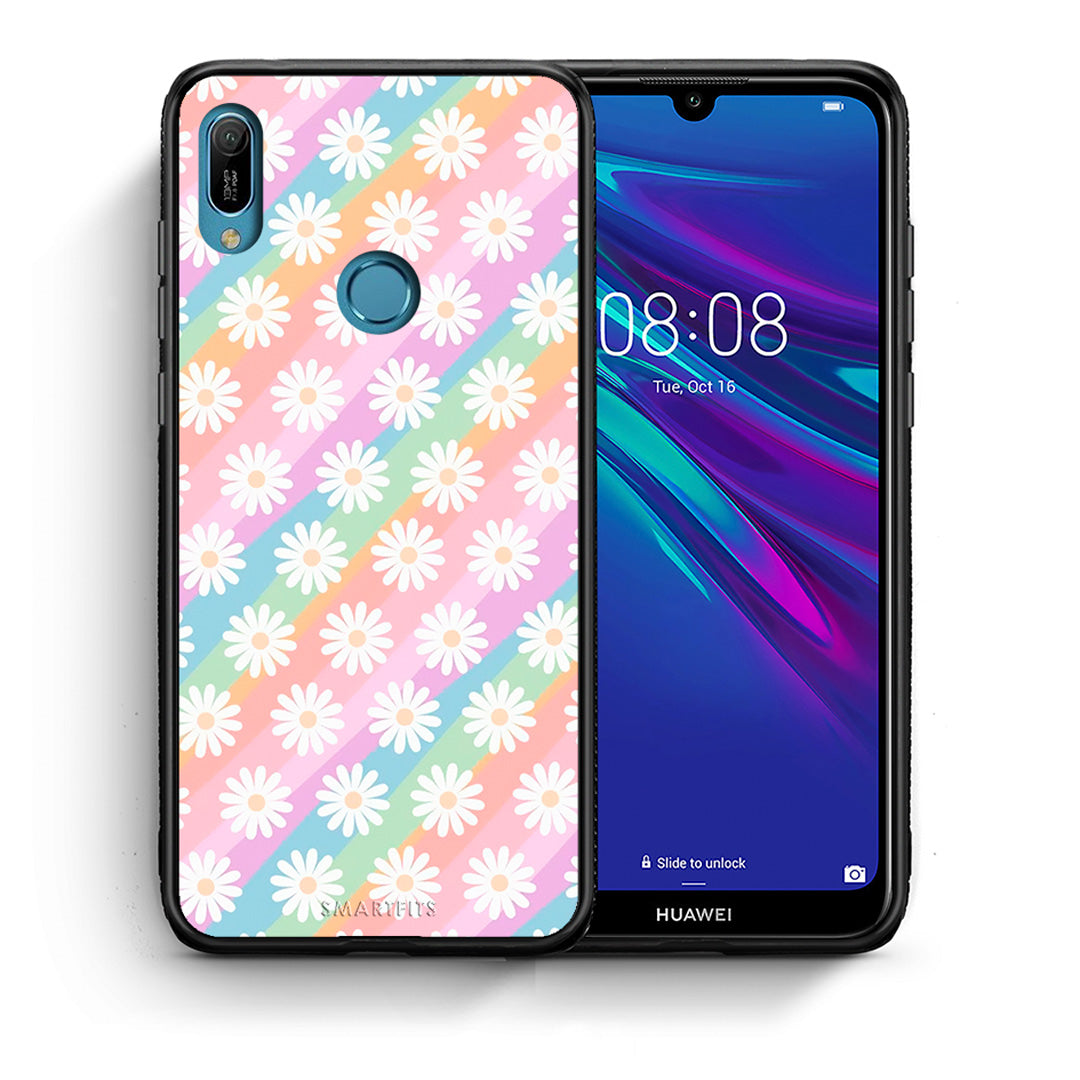 Θήκη Huawei Y6 2019 White Daisies από τη Smartfits με σχέδιο στο πίσω μέρος και μαύρο περίβλημα | Huawei Y6 2019 White Daisies case with colorful back and black bezels