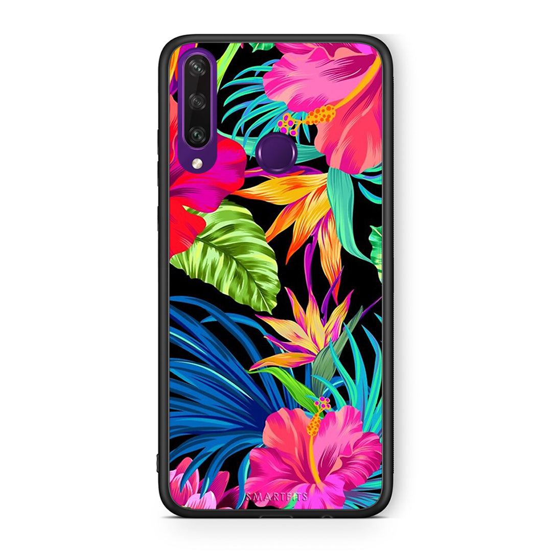 Huawei Y6p Tropical Flowers θήκη από τη Smartfits με σχέδιο στο πίσω μέρος και μαύρο περίβλημα | Smartphone case with colorful back and black bezels by Smartfits
