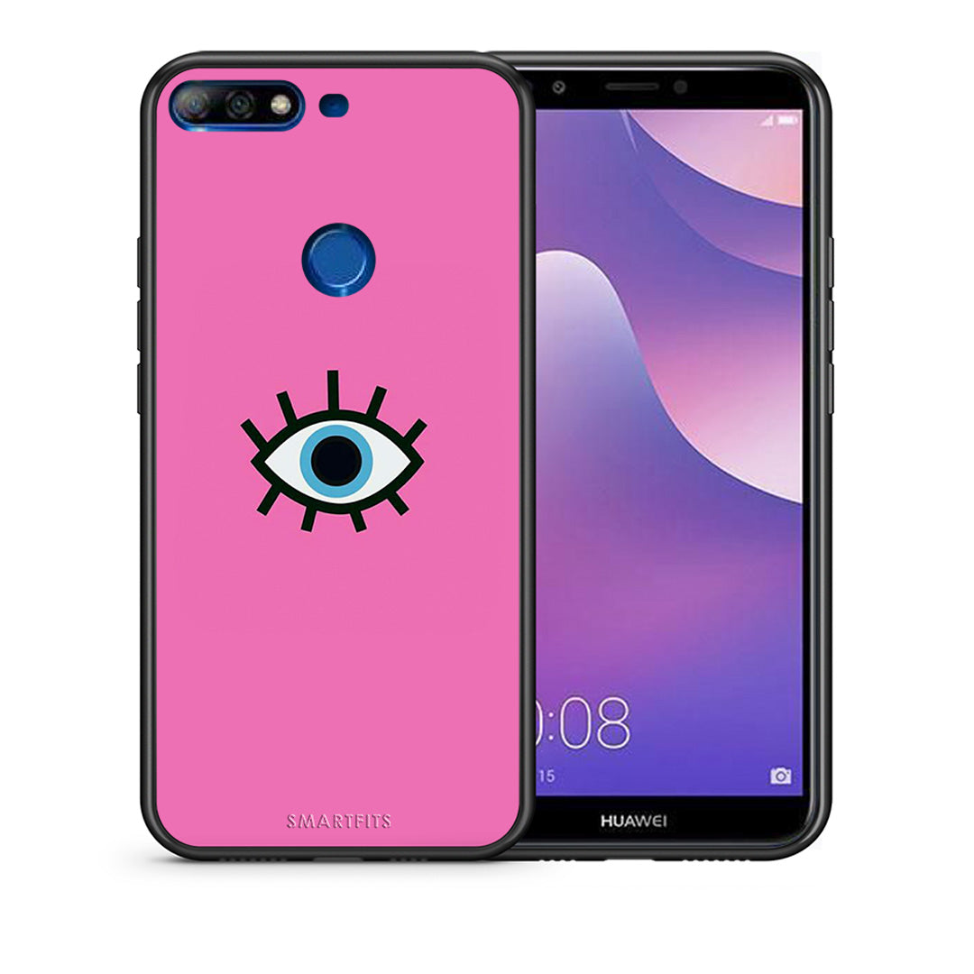 Θήκη Huawei Y7 2018 Blue Eye Pink από τη Smartfits με σχέδιο στο πίσω μέρος και μαύρο περίβλημα | Huawei Y7 2018 Blue Eye Pink case with colorful back and black bezels