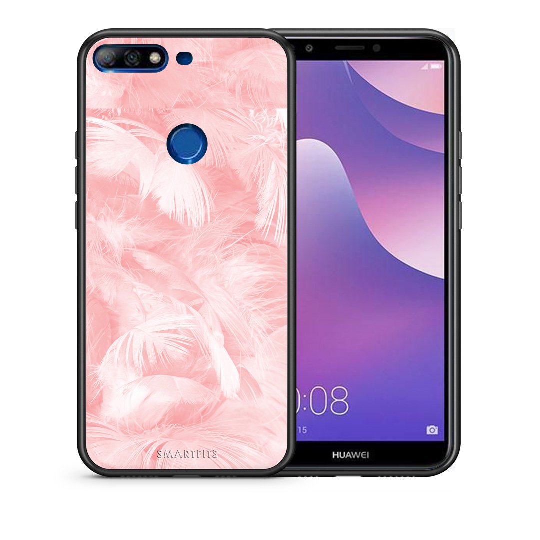Θήκη Huawei Y7 2018 Pink Feather Boho από τη Smartfits με σχέδιο στο πίσω μέρος και μαύρο περίβλημα | Huawei Y7 2018 Pink Feather Boho case with colorful back and black bezels