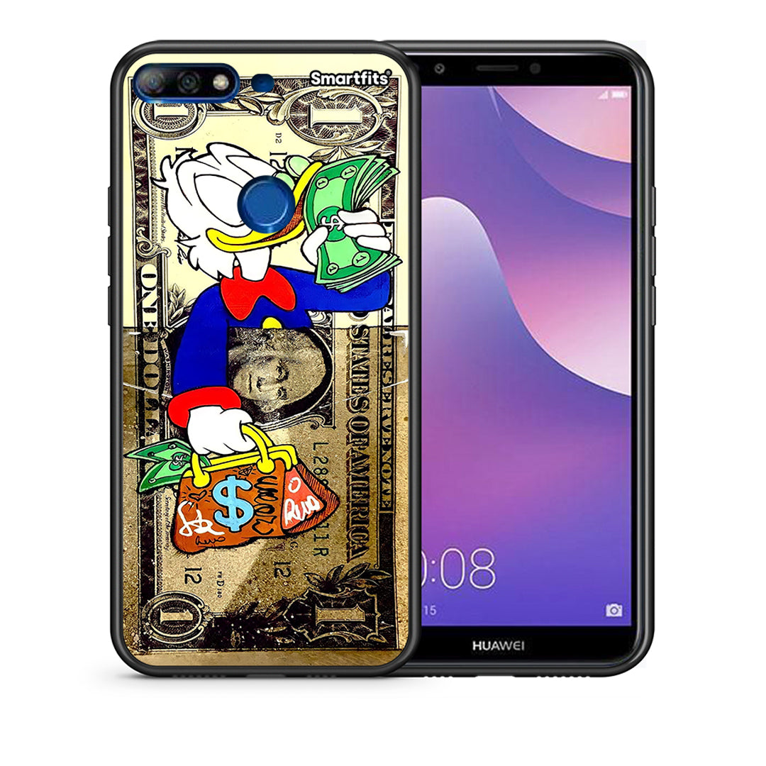 Θήκη Huawei Y7 2018 Duck Money από τη Smartfits με σχέδιο στο πίσω μέρος και μαύρο περίβλημα | Huawei Y7 2018 Duck Money case with colorful back and black bezels