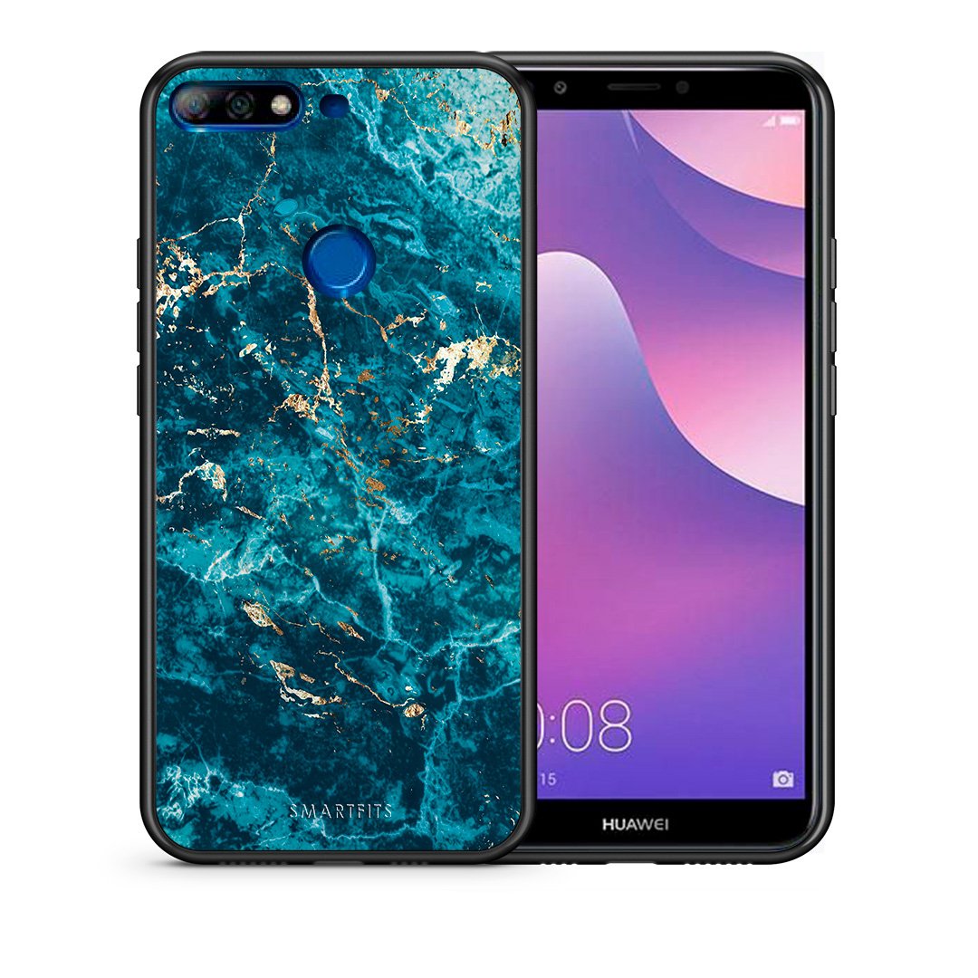 Θήκη Huawei Y7 2018 Marble Blue από τη Smartfits με σχέδιο στο πίσω μέρος και μαύρο περίβλημα | Huawei Y7 2018 Marble Blue case with colorful back and black bezels