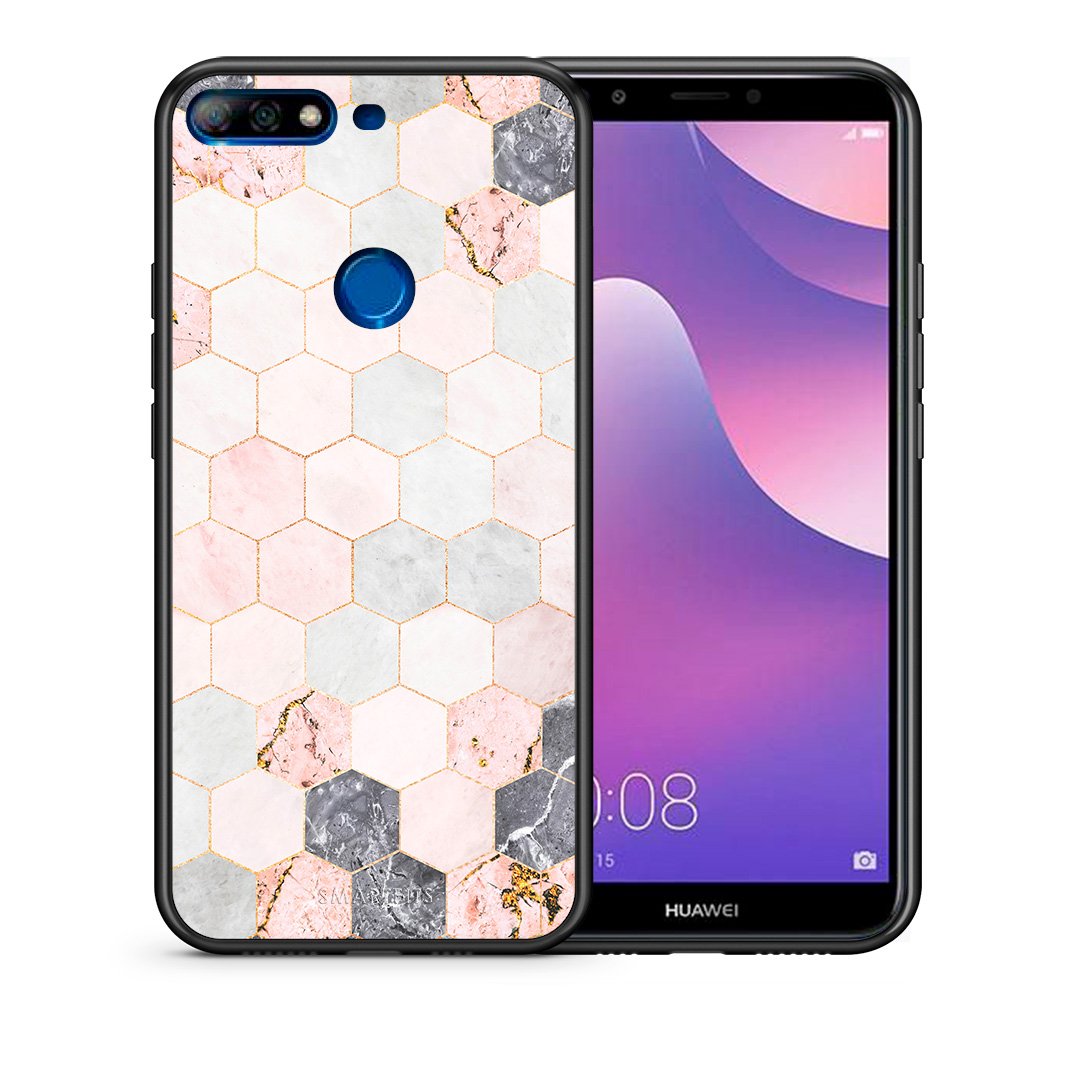 Θήκη Huawei Y7 2018 Hexagon Pink Marble από τη Smartfits με σχέδιο στο πίσω μέρος και μαύρο περίβλημα | Huawei Y7 2018 Hexagon Pink Marble case with colorful back and black bezels