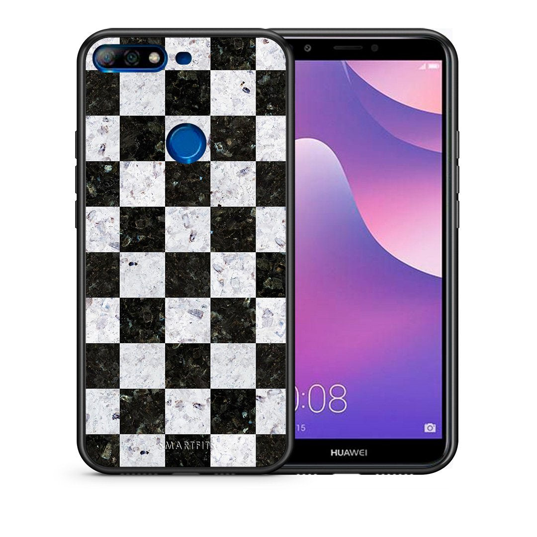Θήκη Huawei Y7 2018 Square Geometric Marble από τη Smartfits με σχέδιο στο πίσω μέρος και μαύρο περίβλημα | Huawei Y7 2018 Square Geometric Marble case with colorful back and black bezels