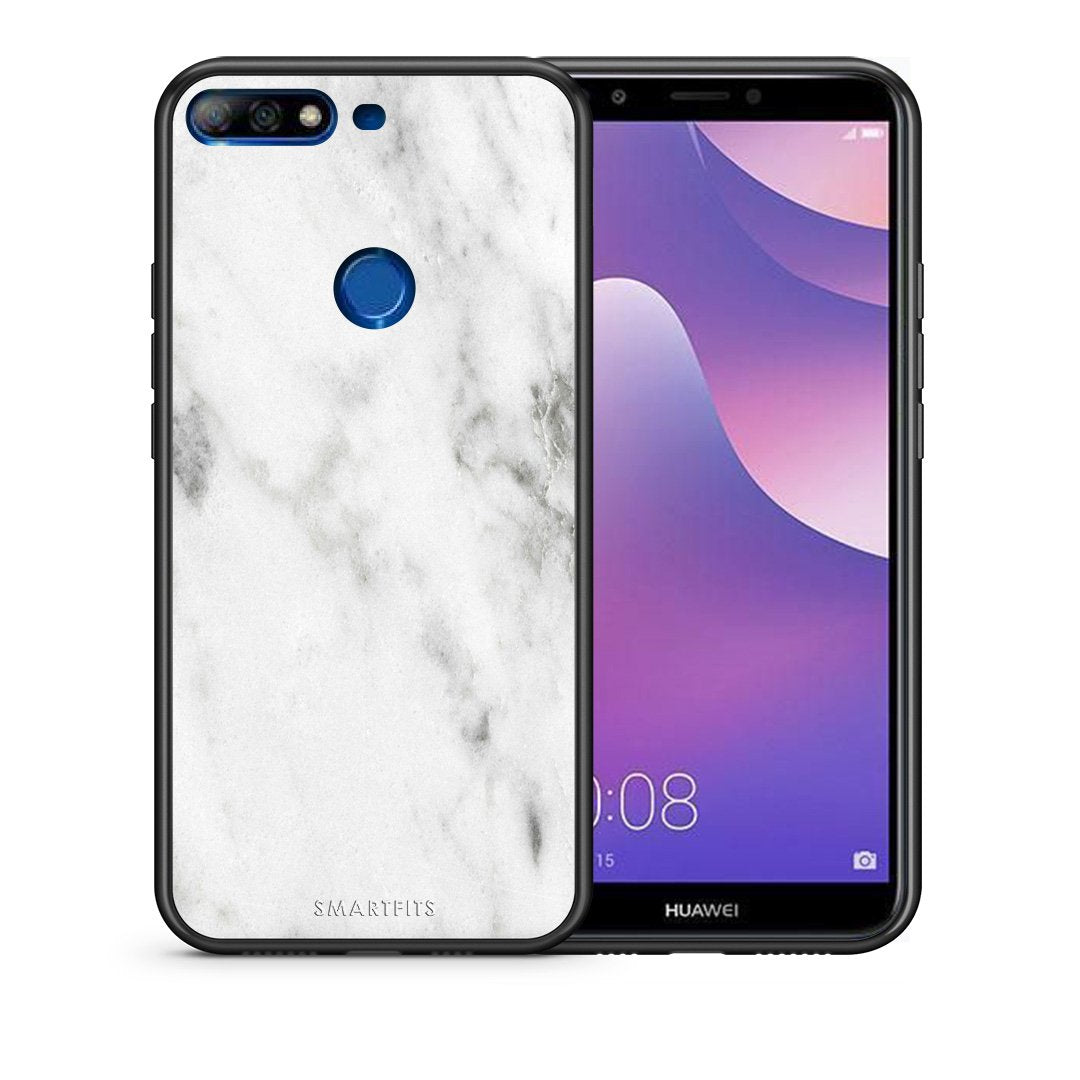 Θήκη Huawei Y7 2018 White Marble από τη Smartfits με σχέδιο στο πίσω μέρος και μαύρο περίβλημα | Huawei Y7 2018 White Marble case with colorful back and black bezels