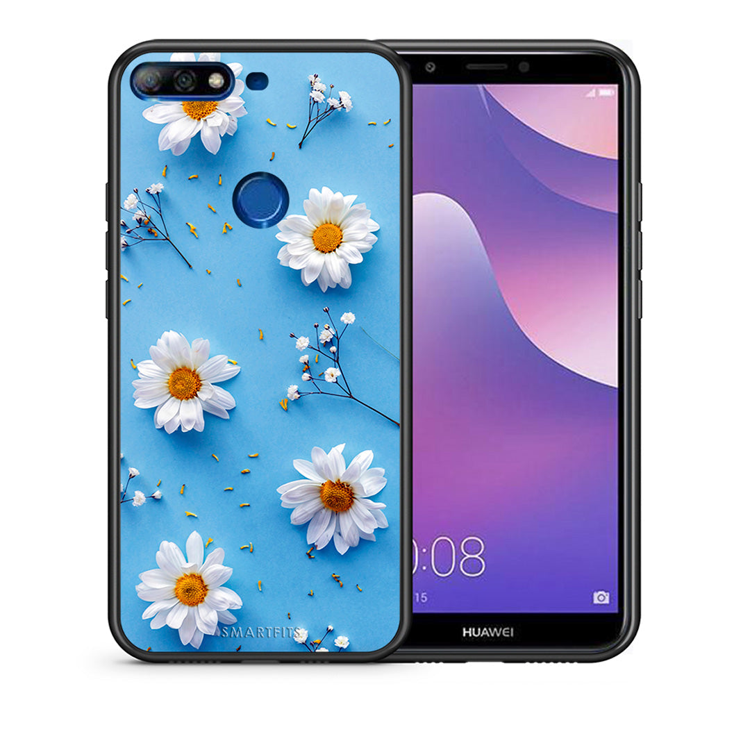 Θήκη Huawei Y7 2018 Real Daisies από τη Smartfits με σχέδιο στο πίσω μέρος και μαύρο περίβλημα | Huawei Y7 2018 Real Daisies case with colorful back and black bezels