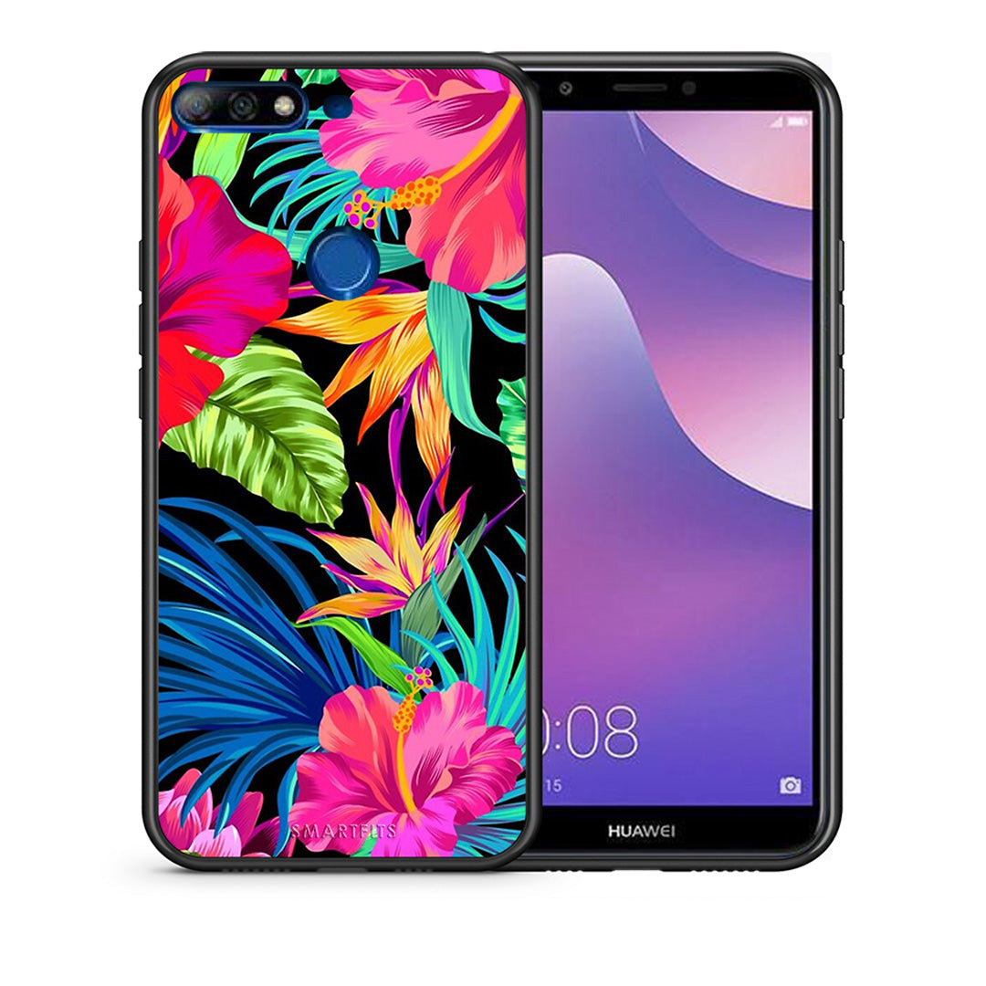Θήκη Huawei Y7 2018 Tropical Flowers από τη Smartfits με σχέδιο στο πίσω μέρος και μαύρο περίβλημα | Huawei Y7 2018 Tropical Flowers case with colorful back and black bezels