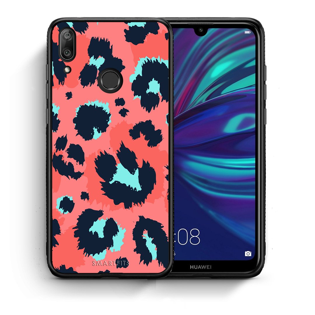 Θήκη Huawei Y7 2019 Pink Leopard Animal από τη Smartfits με σχέδιο στο πίσω μέρος και μαύρο περίβλημα | Huawei Y7 2019 Pink Leopard Animal case with colorful back and black bezels