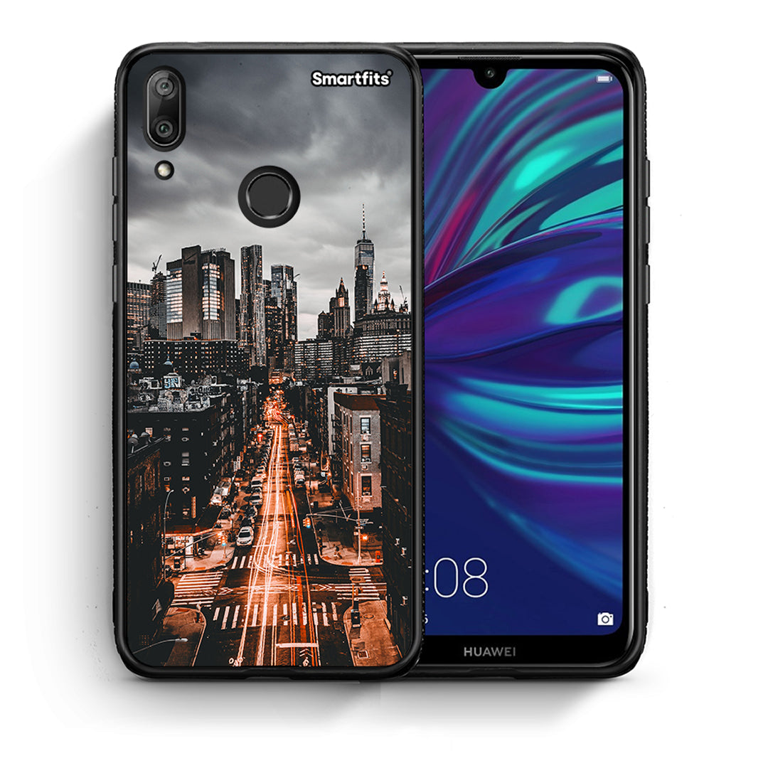 Θήκη Huawei Y7 2019 City Lights από τη Smartfits με σχέδιο στο πίσω μέρος και μαύρο περίβλημα | Huawei Y7 2019 City Lights case with colorful back and black bezels