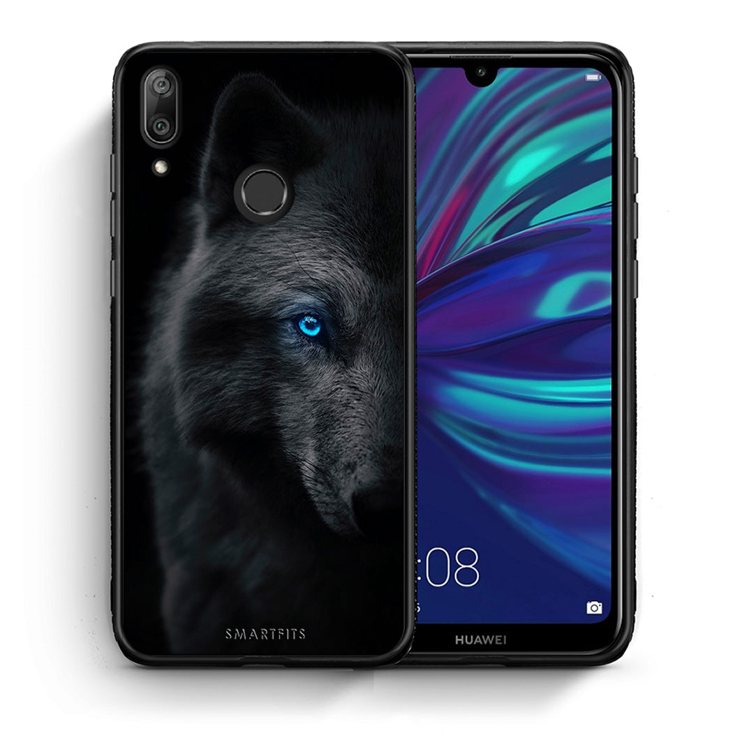 Θήκη Huawei Y7 2019 Dark Wolf από τη Smartfits με σχέδιο στο πίσω μέρος και μαύρο περίβλημα | Huawei Y7 2019 Dark Wolf case with colorful back and black bezels