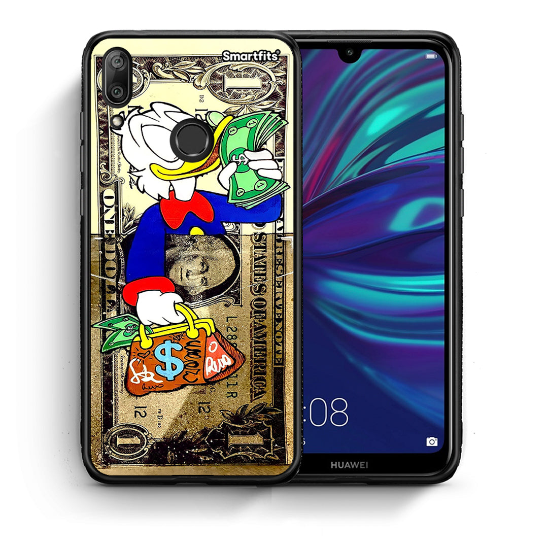 Θήκη Huawei Y7 2019 Duck Money από τη Smartfits με σχέδιο στο πίσω μέρος και μαύρο περίβλημα | Huawei Y7 2019 Duck Money case with colorful back and black bezels