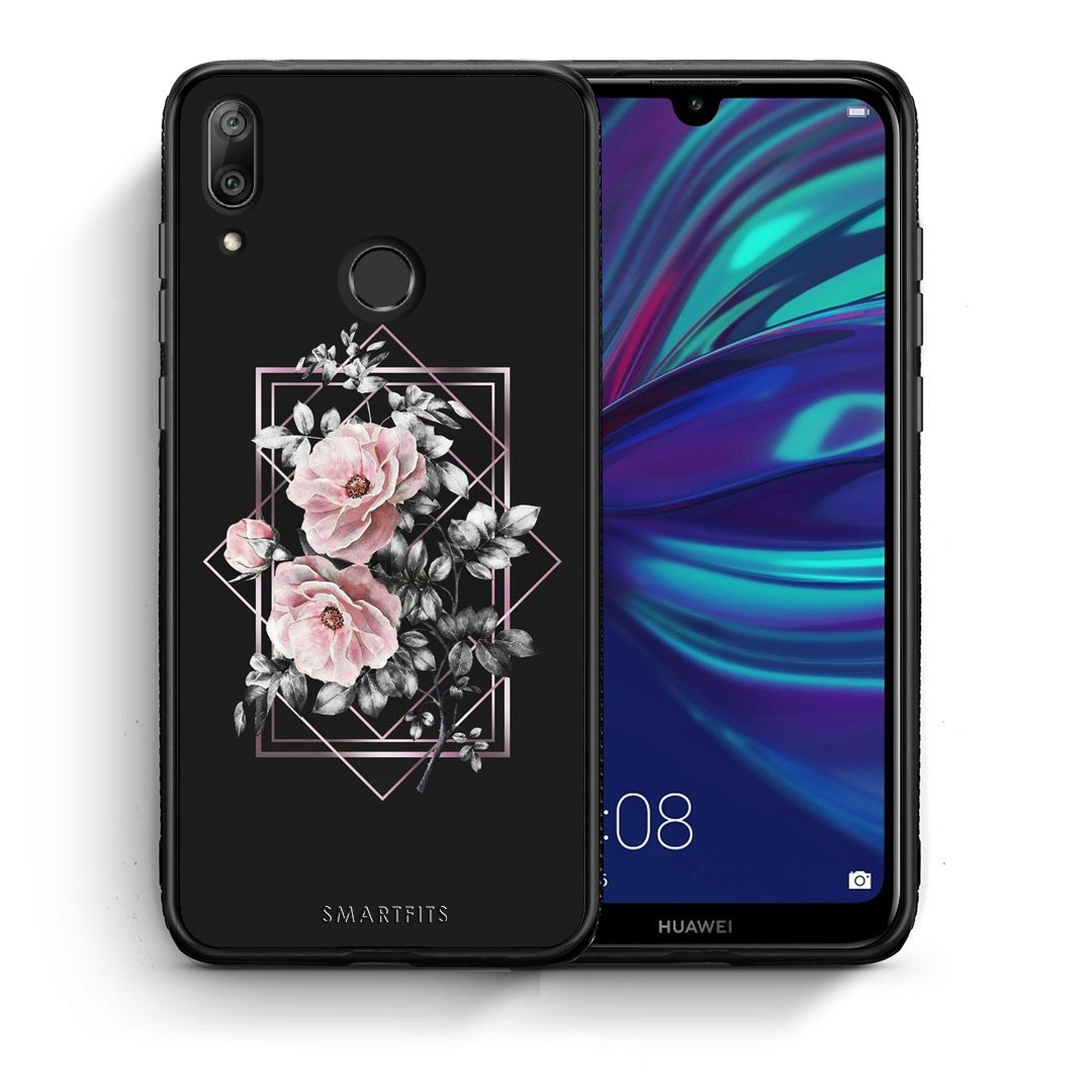 Θήκη Huawei Y7 2019 Frame Flower από τη Smartfits με σχέδιο στο πίσω μέρος και μαύρο περίβλημα | Huawei Y7 2019 Frame Flower case with colorful back and black bezels