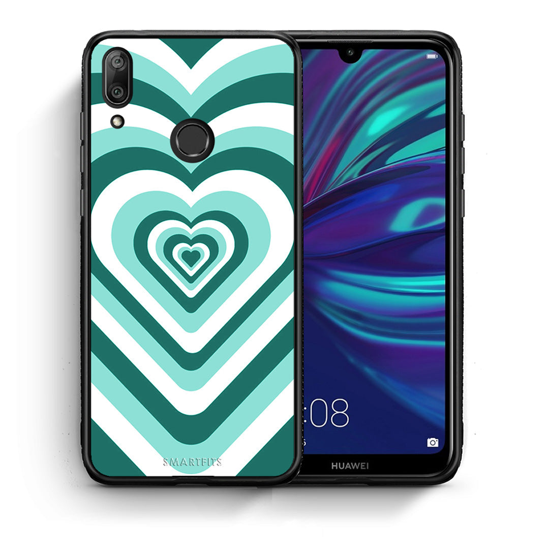 Θήκη Huawei Y7 2019 Green Hearts από τη Smartfits με σχέδιο στο πίσω μέρος και μαύρο περίβλημα | Huawei Y7 2019 Green Hearts case with colorful back and black bezels
