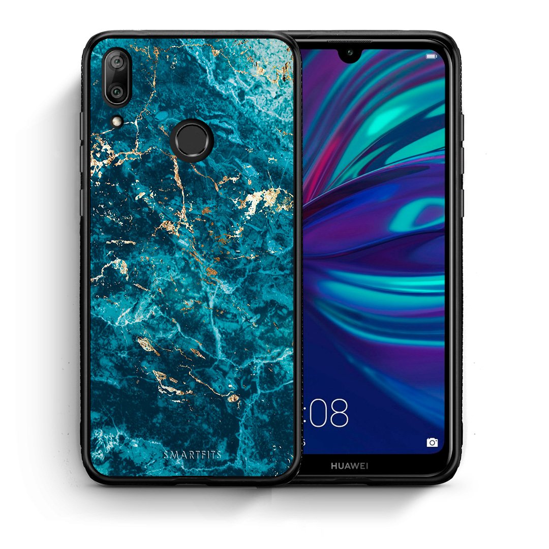 Θήκη Huawei Y7 2019 Marble Blue από τη Smartfits με σχέδιο στο πίσω μέρος και μαύρο περίβλημα | Huawei Y7 2019 Marble Blue case with colorful back and black bezels