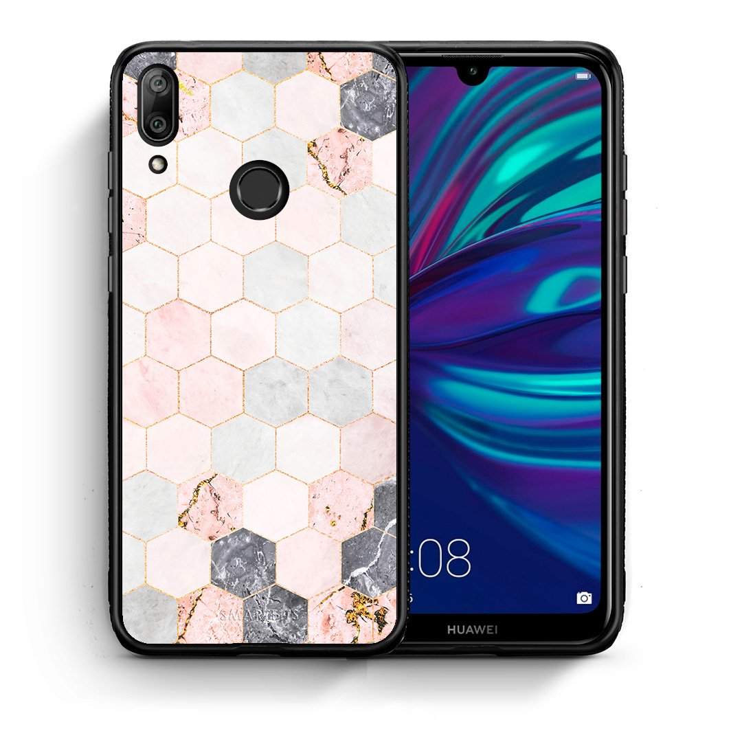 Θήκη Huawei Y7 2019 Hexagon Pink Marble από τη Smartfits με σχέδιο στο πίσω μέρος και μαύρο περίβλημα | Huawei Y7 2019 Hexagon Pink Marble case with colorful back and black bezels