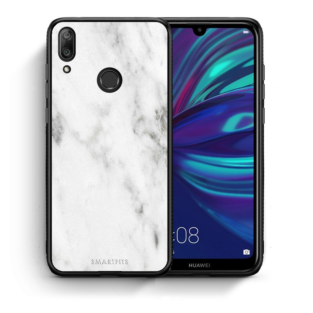 Θήκη Huawei Y7 2019 White Marble από τη Smartfits με σχέδιο στο πίσω μέρος και μαύρο περίβλημα | Huawei Y7 2019 White Marble case with colorful back and black bezels