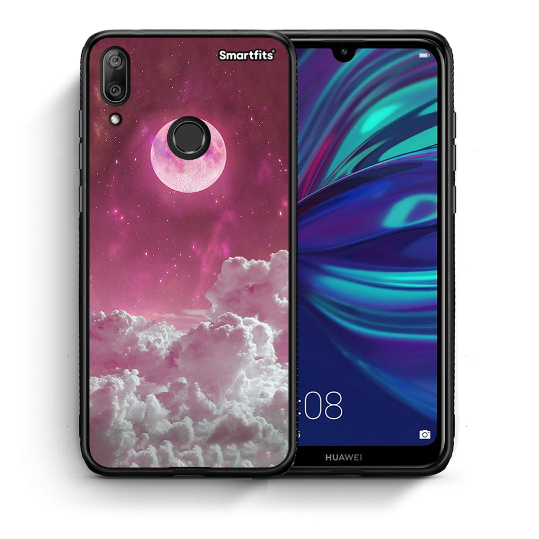 Θήκη Huawei Y7 2019 Pink Moon από τη Smartfits με σχέδιο στο πίσω μέρος και μαύρο περίβλημα | Huawei Y7 2019 Pink Moon case with colorful back and black bezels